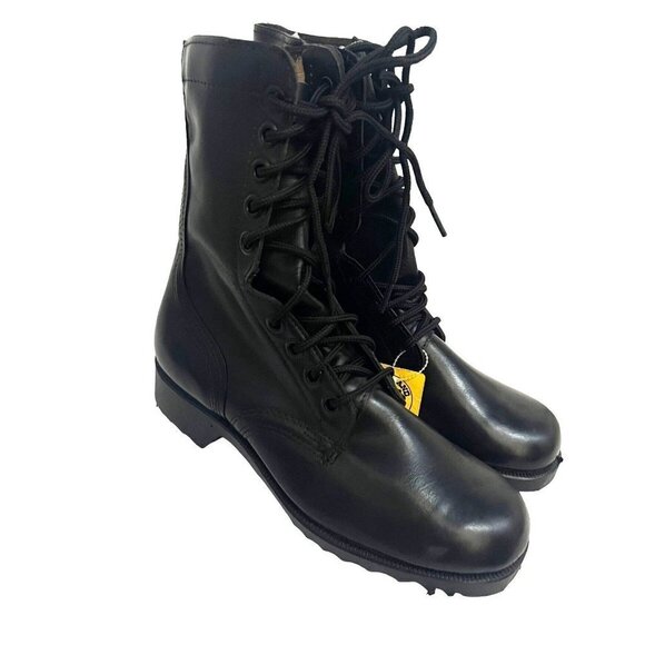 Mens Black Leather Lace Up Combat Jump Biker Boots US 6W Unisex Non Slip New - Picture 1 of 9